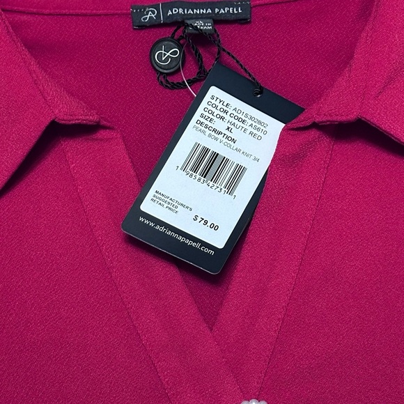 New With Tags Adrianna Papell Pearl Bow V-Neck Blouse‎ - Haute Red XL - Picture 7 of 9